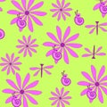 Seamless vector pattern n atural elements, dragonflies, snails, flowers. Children's, spring, summer theme Royalty Free Stock Photo